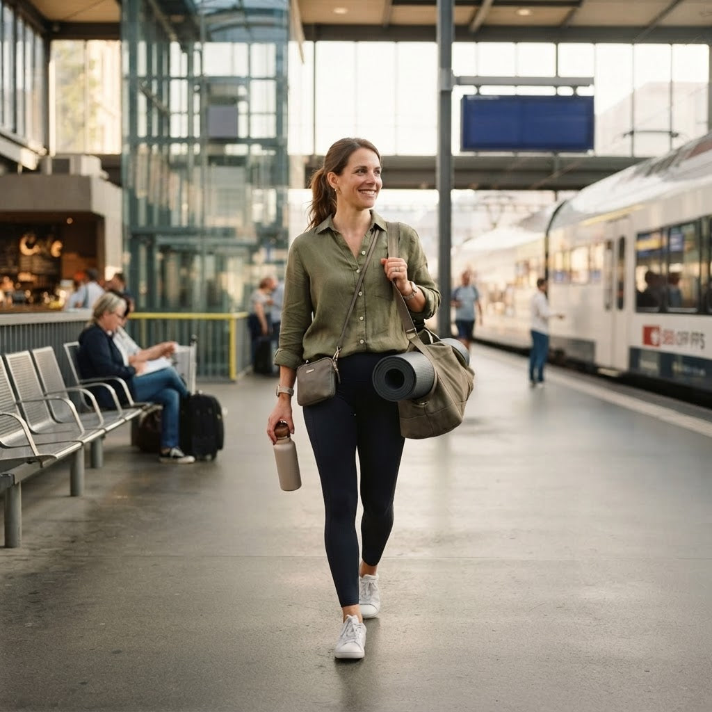 Personne portant un sac de sport polyvalent lors d’un déplacement